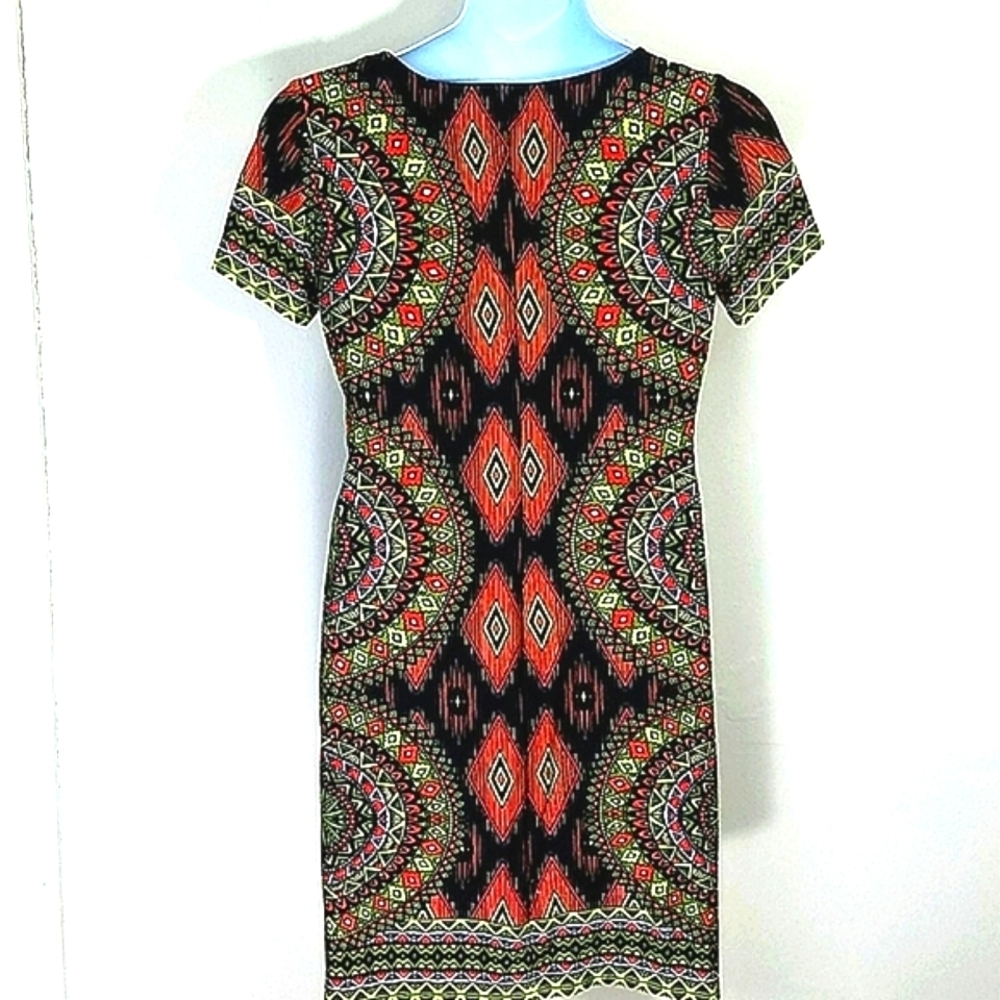Riley Dress short sleeve Sheath bodycon neon stretch orange yellow black geometr - Picture 2 of 9